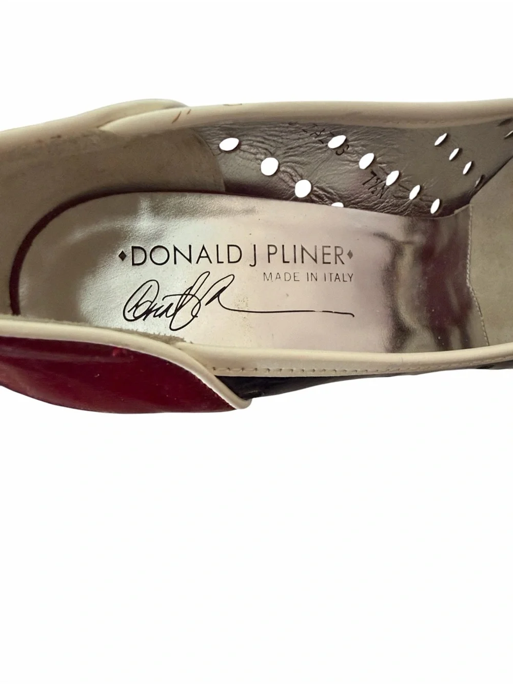 Donald J. Pliner Burgundy and Cream Bow Peep-Toe Heels - Picture 5 of 5